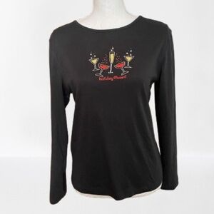 Christmas long sleeve T-shirt embroidered “Holiday Cheer” champagne glasses Med.